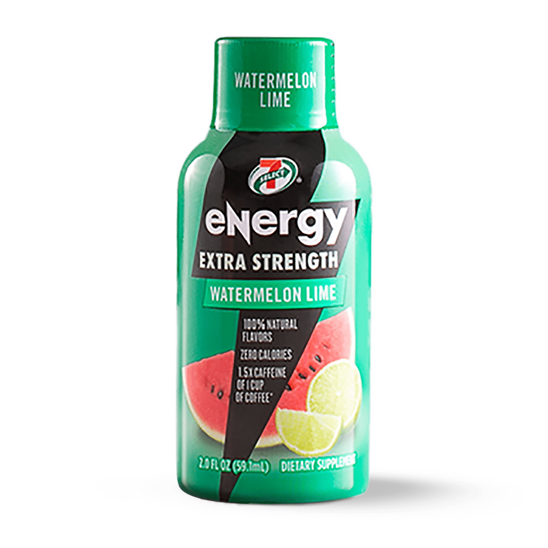 A single 7-Select extra strength energy shot in watermelon lime flavor