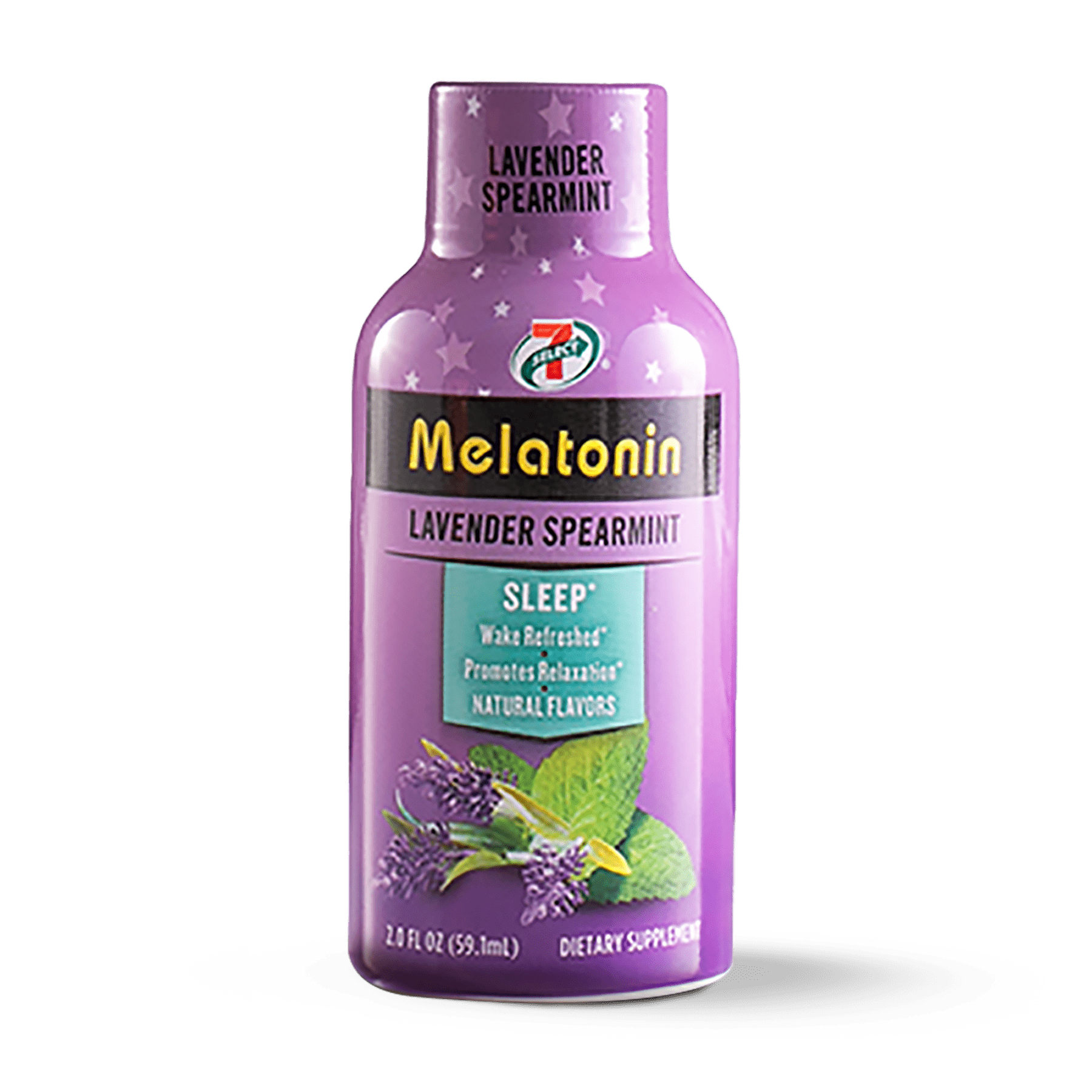 A single 7-Select Melatonin shot in lavender spearmint flavor.